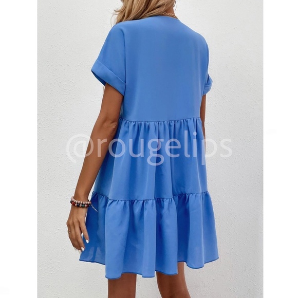 Blue Short Sleeve Loose Fitting Mini Dress V-Neck Ruffle Flared Hem - Picture 5 of 8
